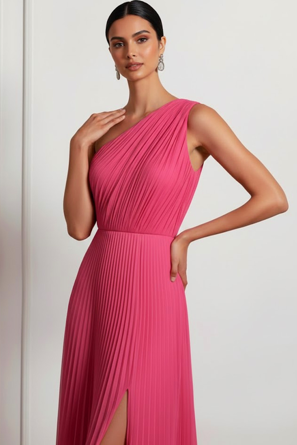 Blush Formal Party Dress One Shoulder Pleated Maxi Dress with Slit
