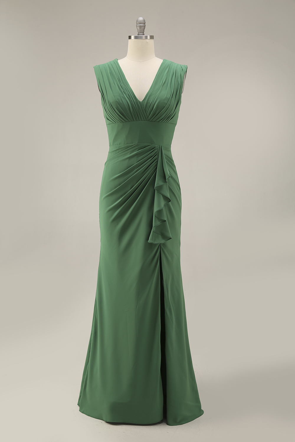 Emerald Green Formal Dress Sheath V-Neck Ruched Maxi Dress with Slit