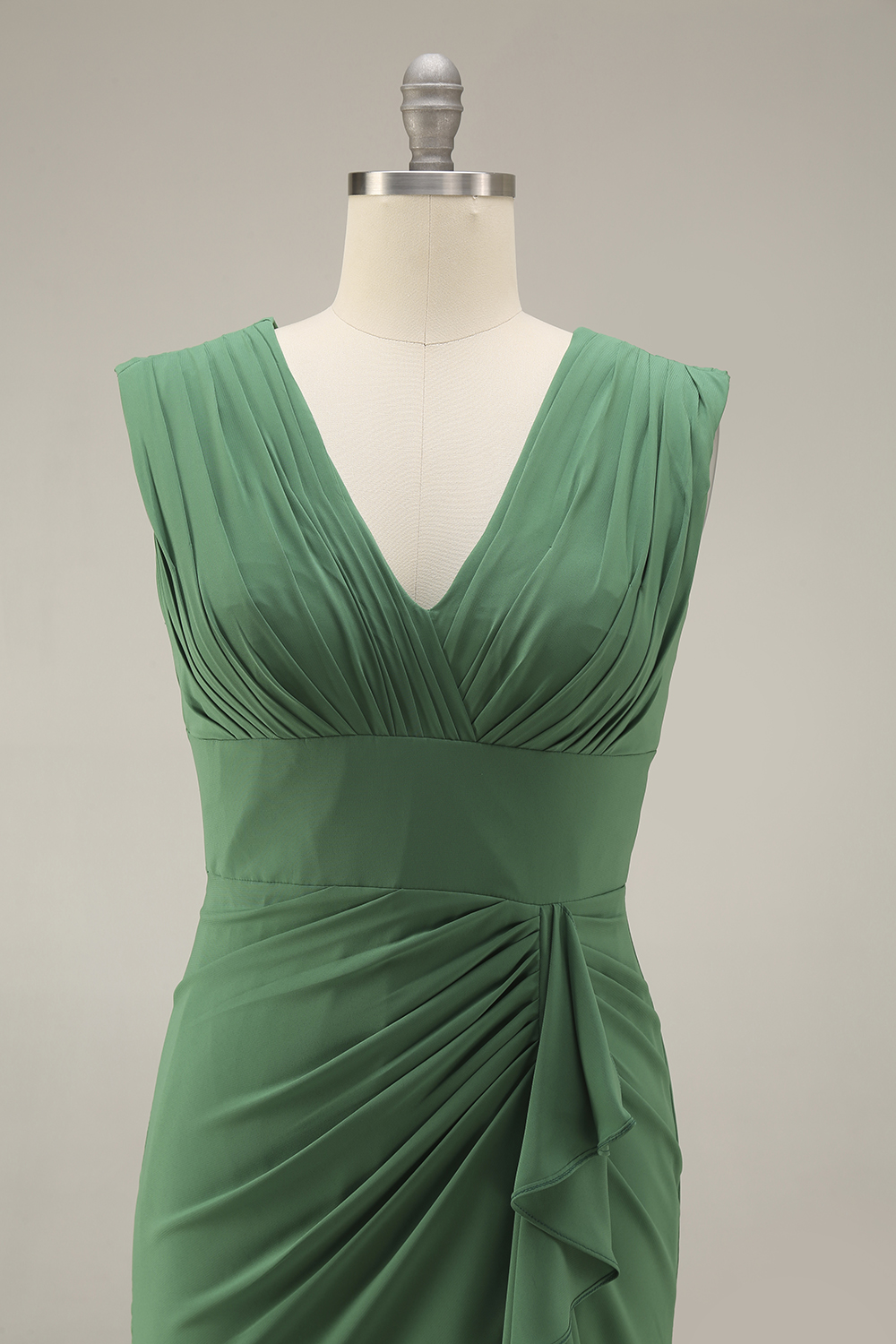 Emerald Green Formal Dress Sheath V-Neck Ruched Maxi Dress with Slit