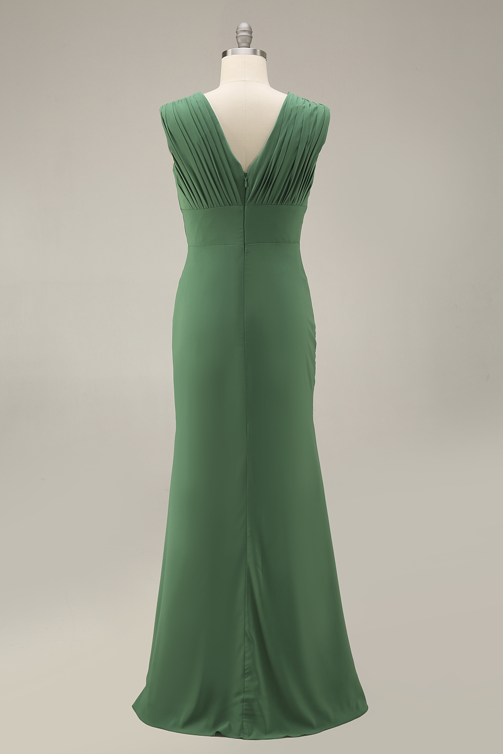 Emerald Green Formal Dress Sheath V-Neck Ruched Maxi Dress with Slit