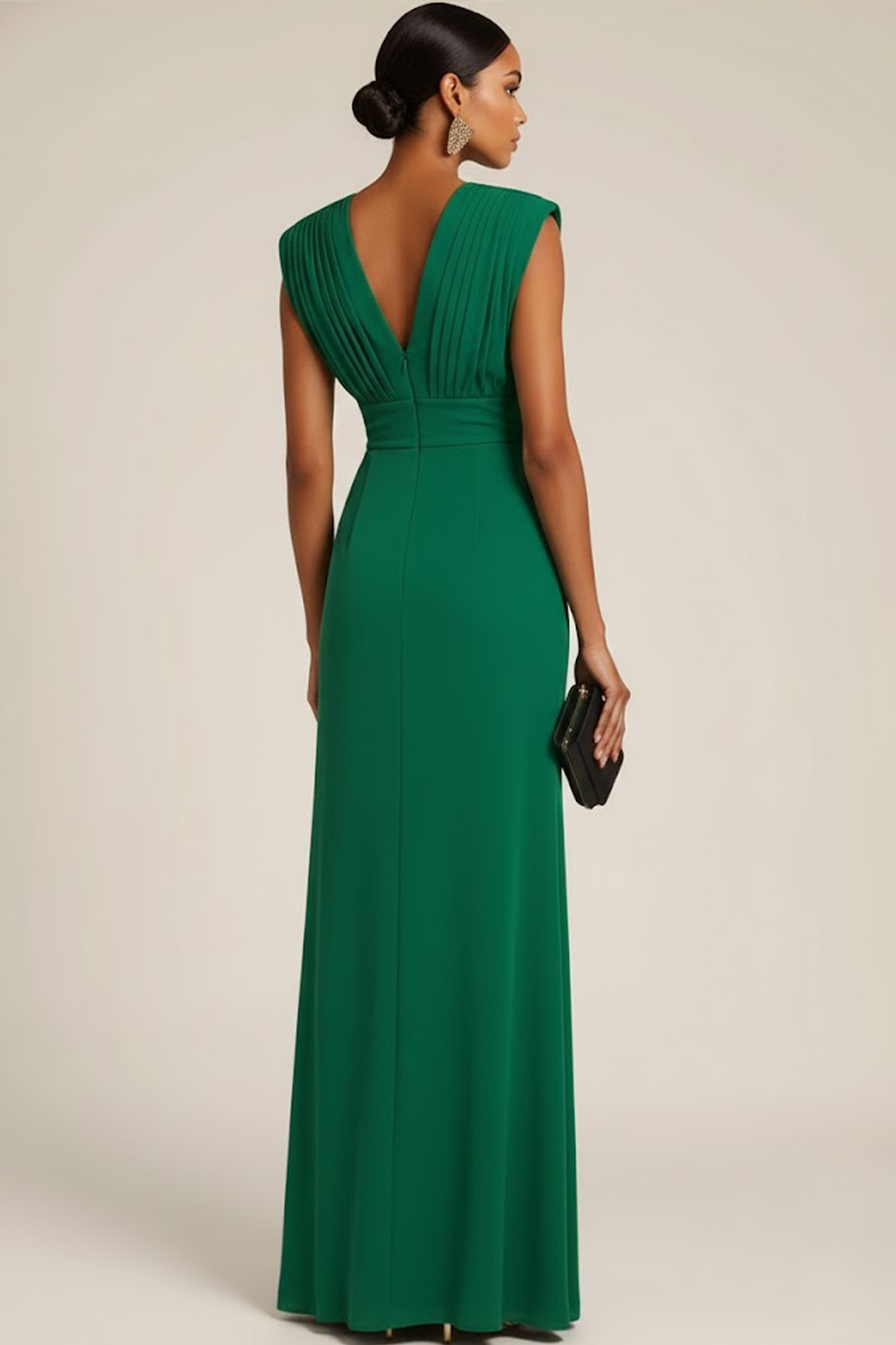 Emerald Green Formal Dress Sheath V-Neck Ruched Maxi Dress with Slit