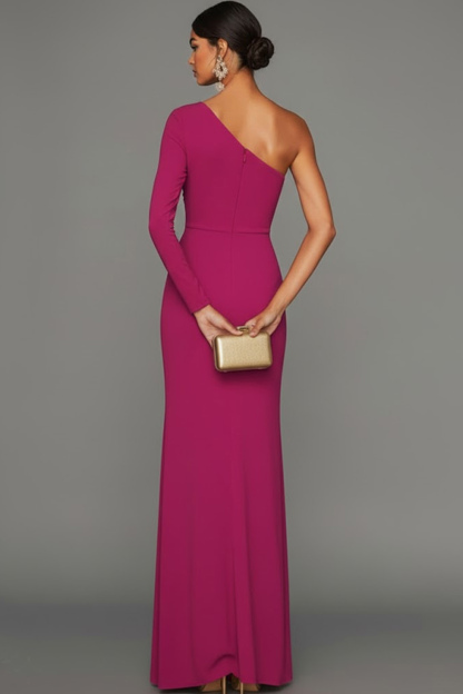 Fuchsia Formal Evening Dress One Shoulder Maxi Dress with Slit