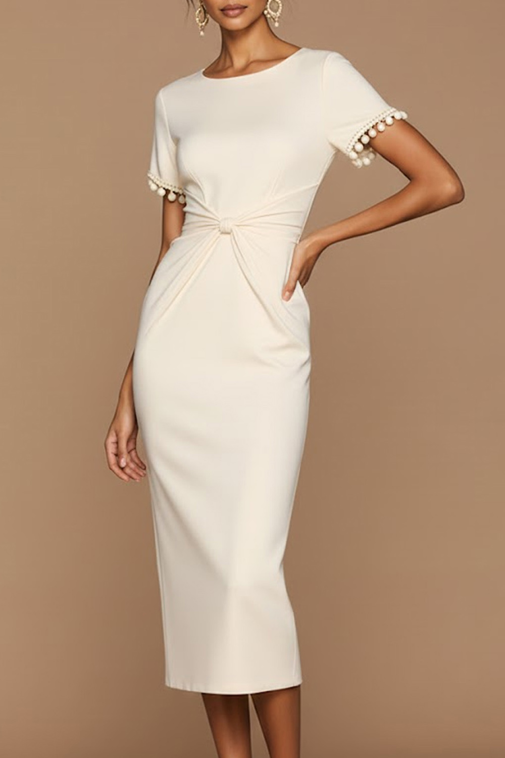 White Formal Evening Dress Sheath Round Neck Short Sleeve Midi Dress 