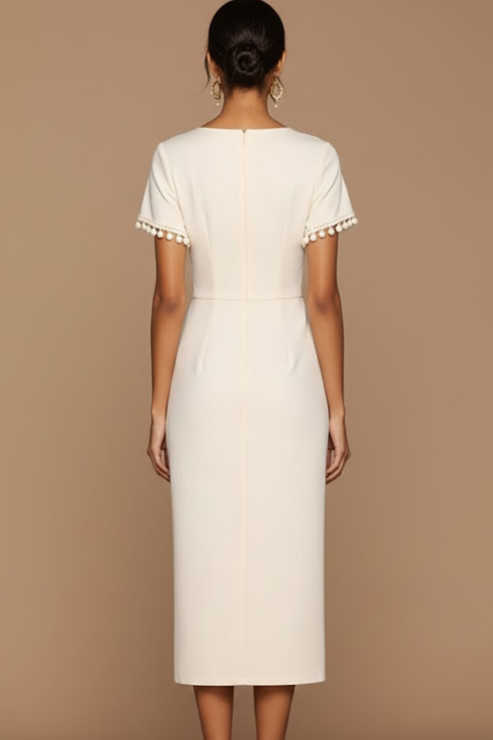 White Formal Evening Dress Sheath Round Neck Short Sleeve Midi Dress 