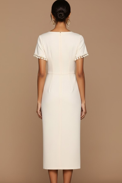 White Formal Evening Dress Sheath Round Neck Short Sleeve Midi Dress 