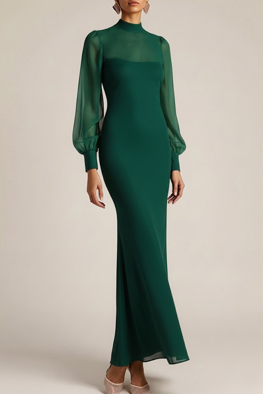 Emerald Green Formal Evening Dress High Neck Chiffon Maxi Dress