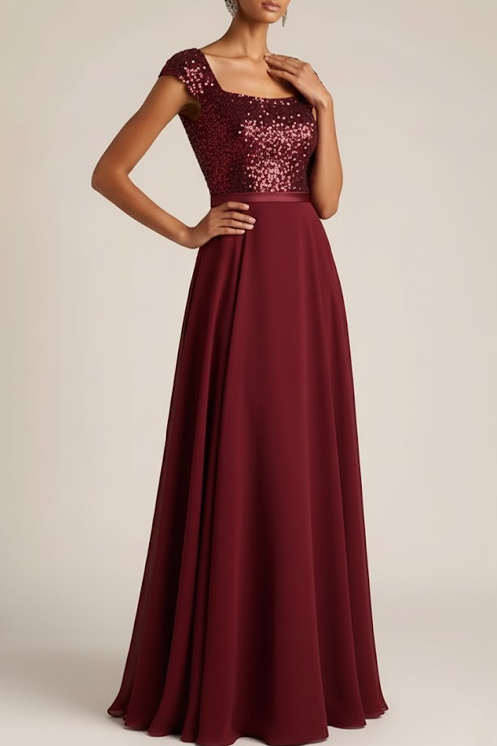 Navy Formal Dress A-Line Square Neck Sequin Maxi Dress