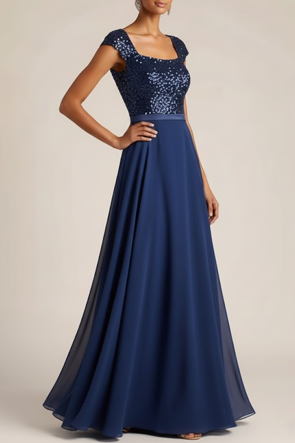 Navy Formal Dress A-Line Square Neck Sequin Maxi Dress 