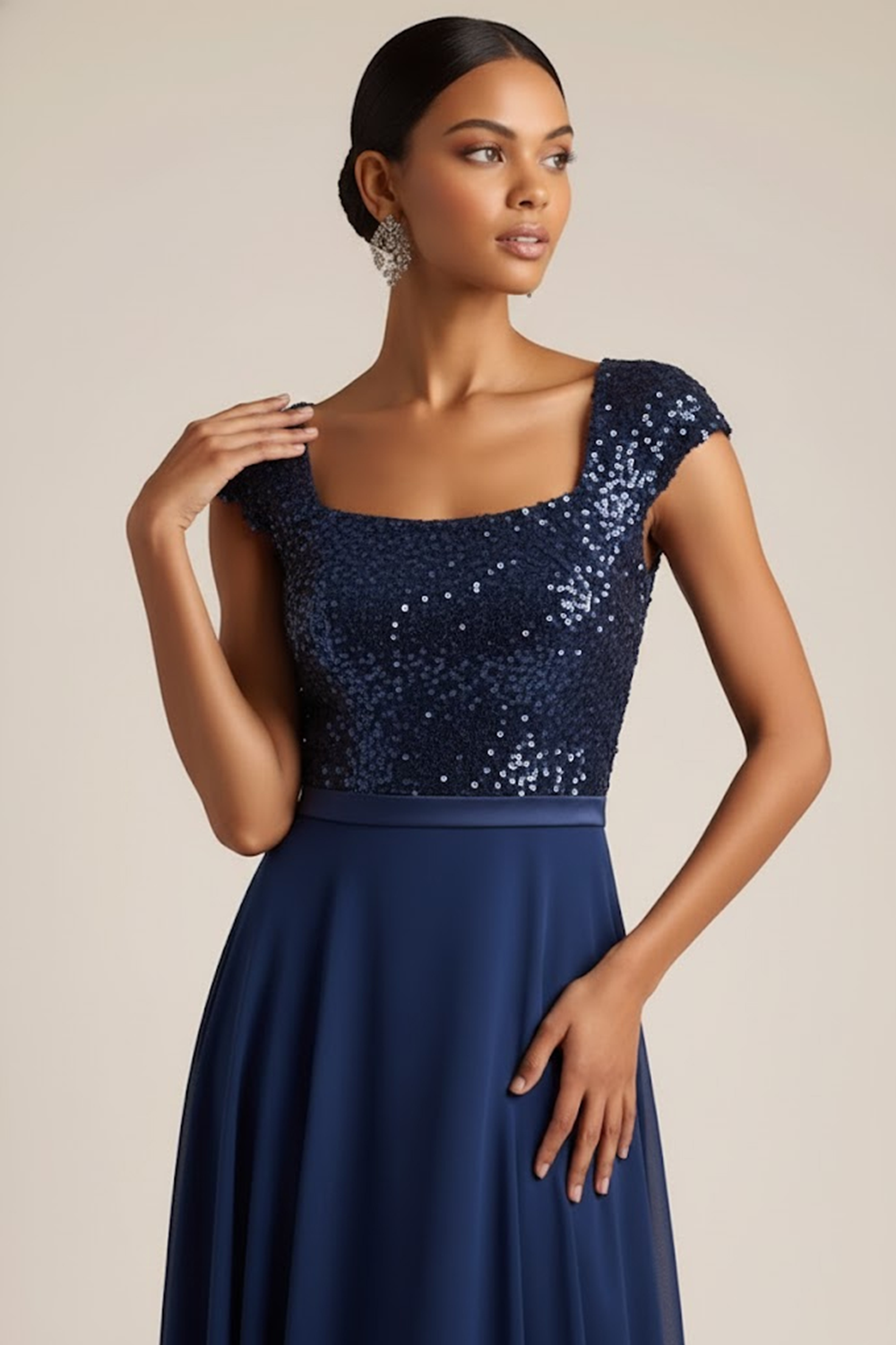 Navy Formal Dress A-Line Square Neck Sequin Maxi Dress 