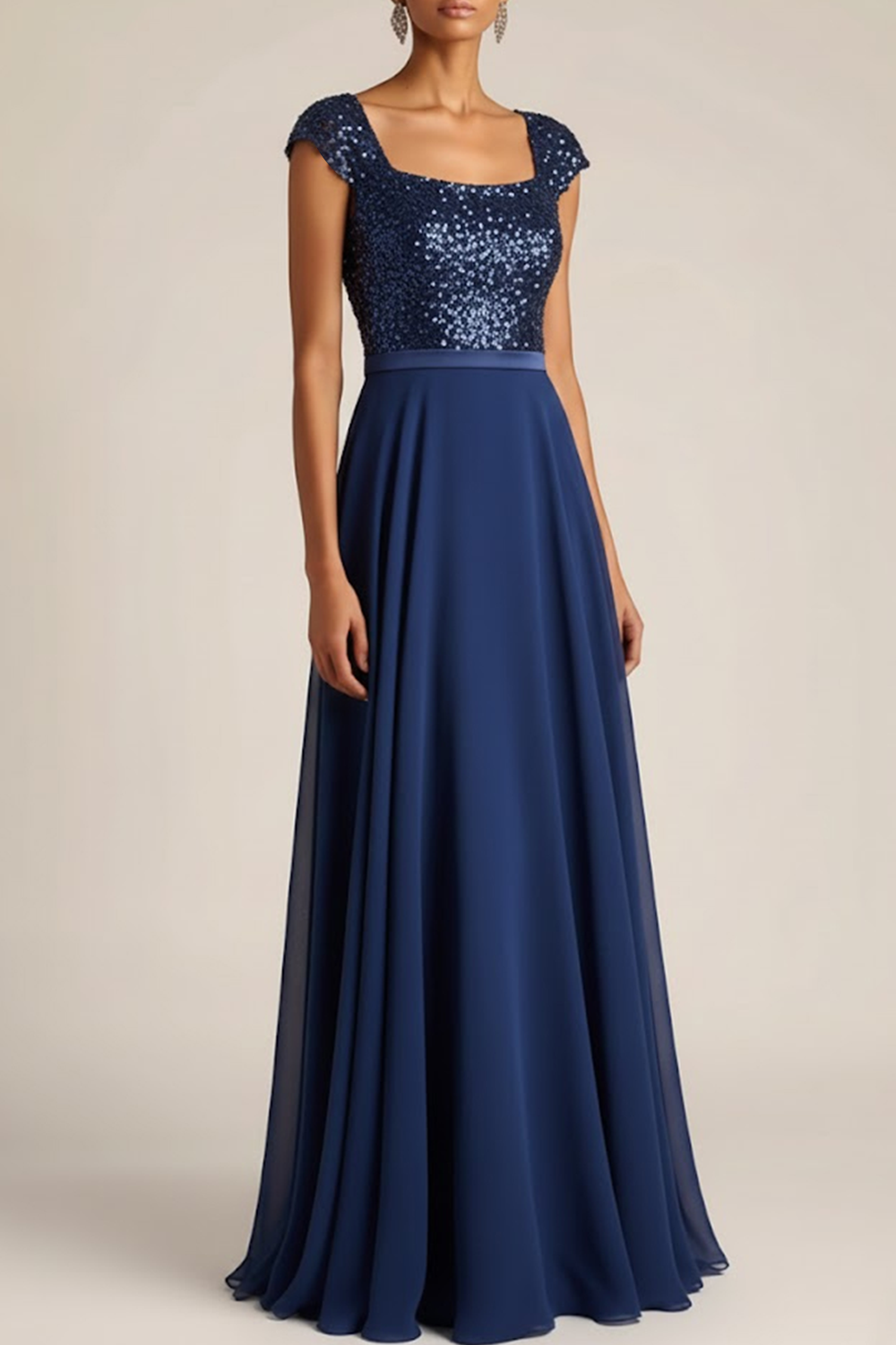 Navy Formal Dress A-Line Square Neck Sequin Maxi Dress 