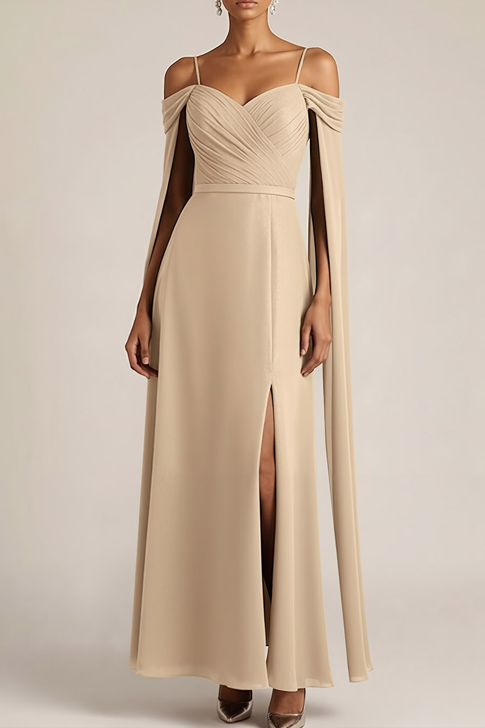 Champagne Formal Evening Dress Cold Shoulder Cape Chiffon Maxi Dress 