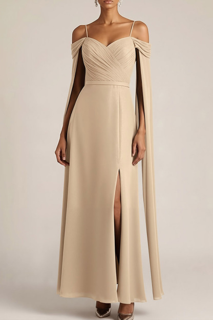 Champagne Formal Evening Dress Cold Shoulder Cape Chiffon Maxi Dress 