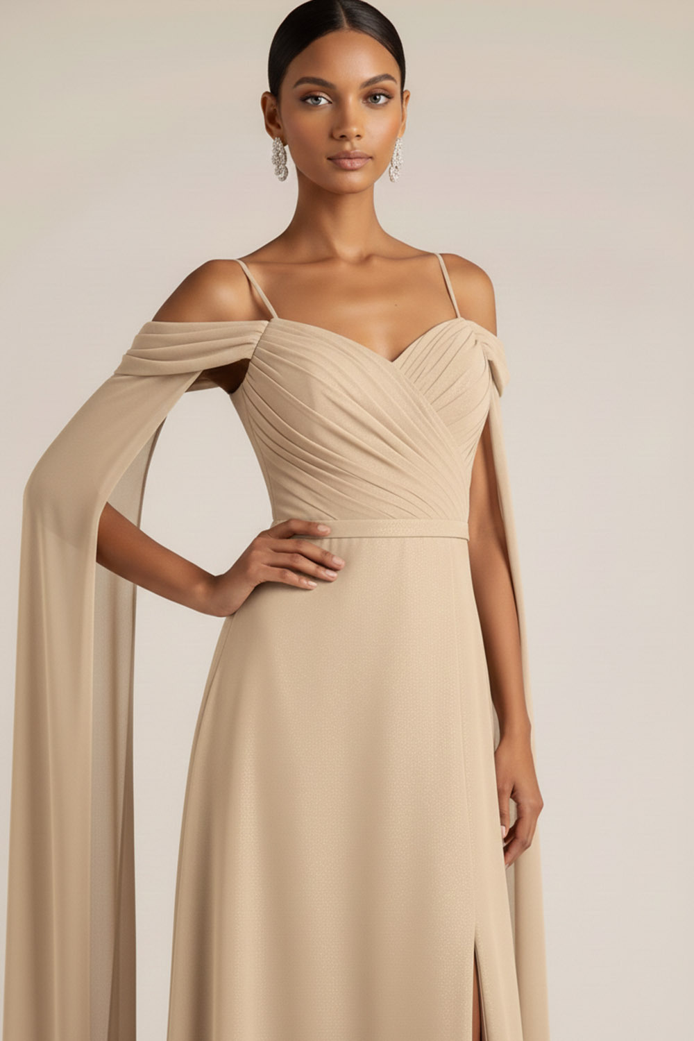 Champagne Formal Evening Dress Cold Shoulder Cape Chiffon Maxi Dress 