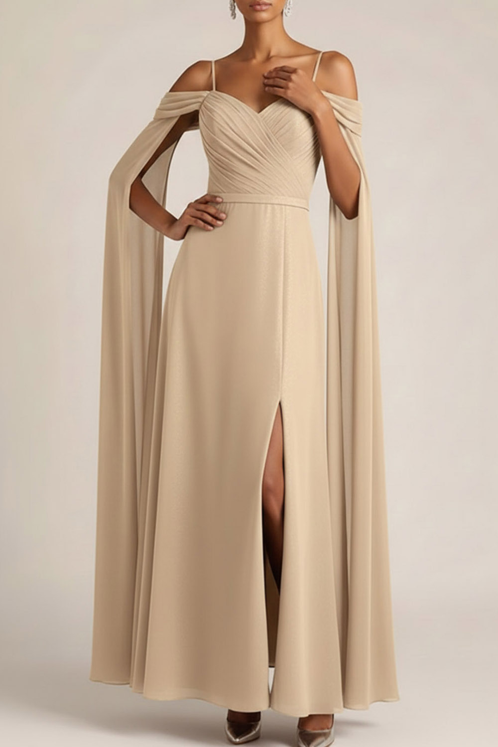 Champagne Formal Evening Dress Cold Shoulder Cape Chiffon Maxi Dress 