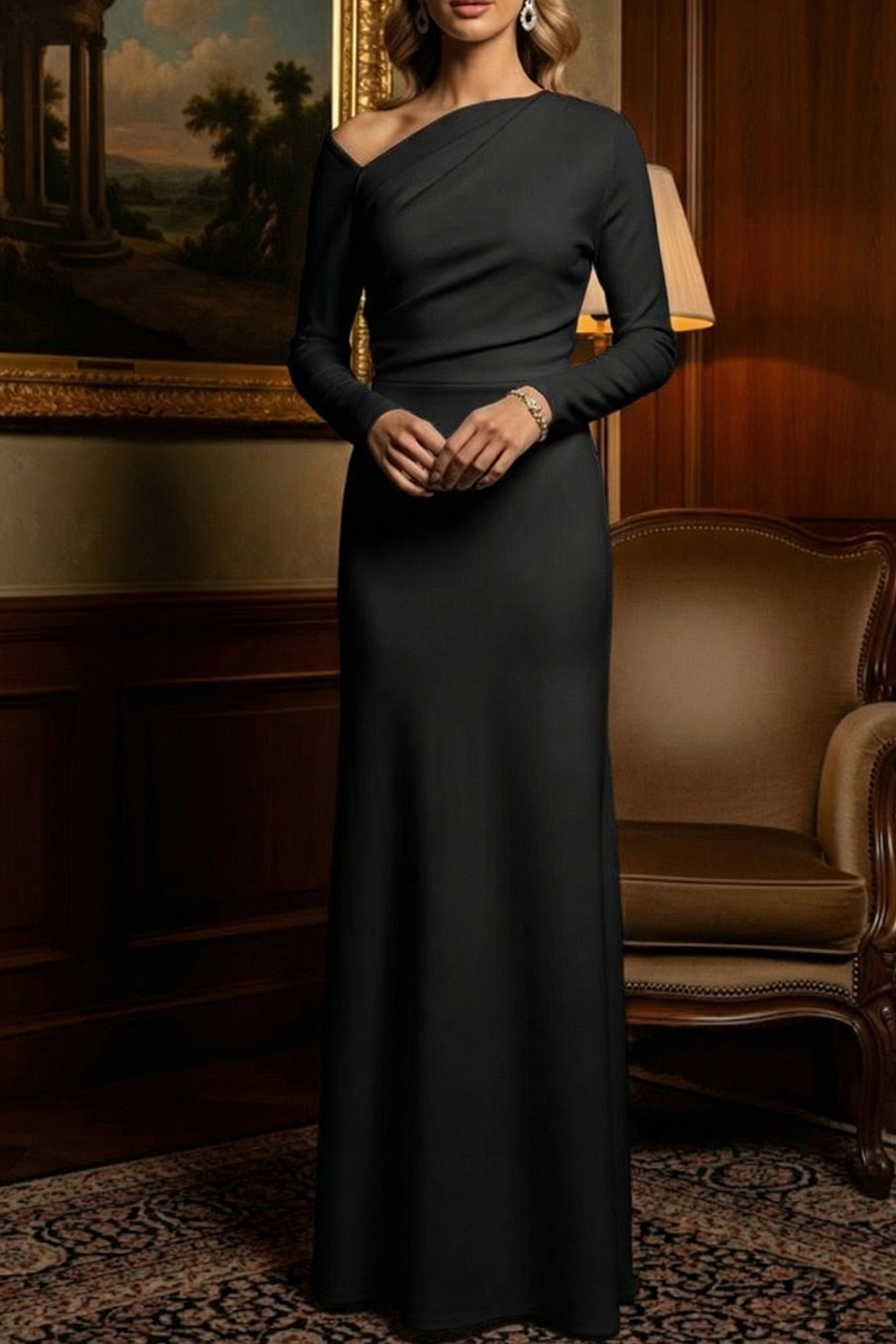 White Formal Evening Dress Asymmetrical Neck Chiffon Maxi Dress