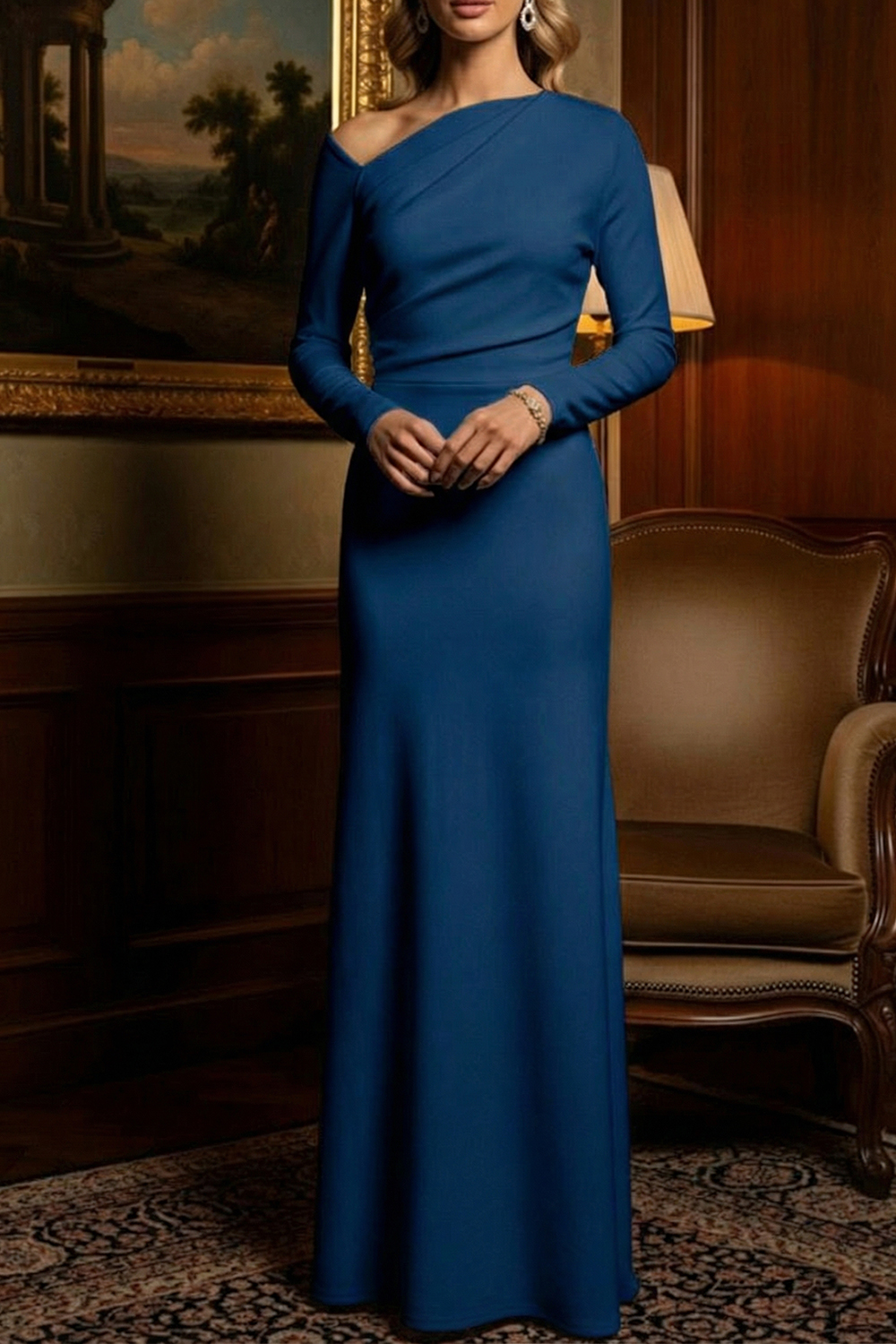 White Formal Evening Dress Asymmetrical Neck Chiffon Maxi Dress