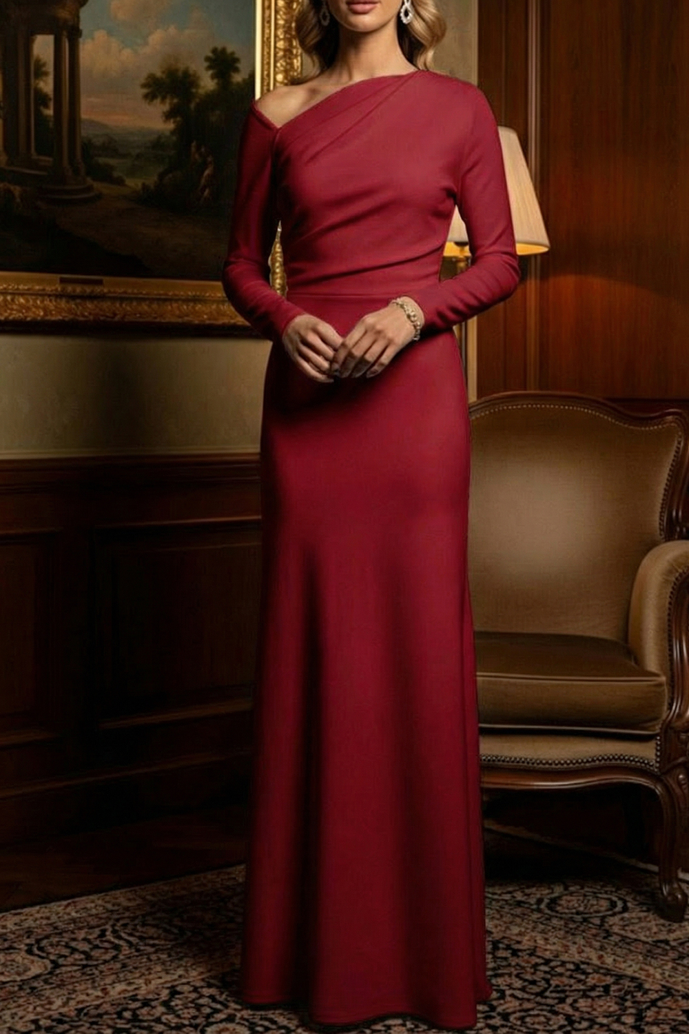 White Formal Evening Dress Asymmetrical Neck Chiffon Maxi Dress 