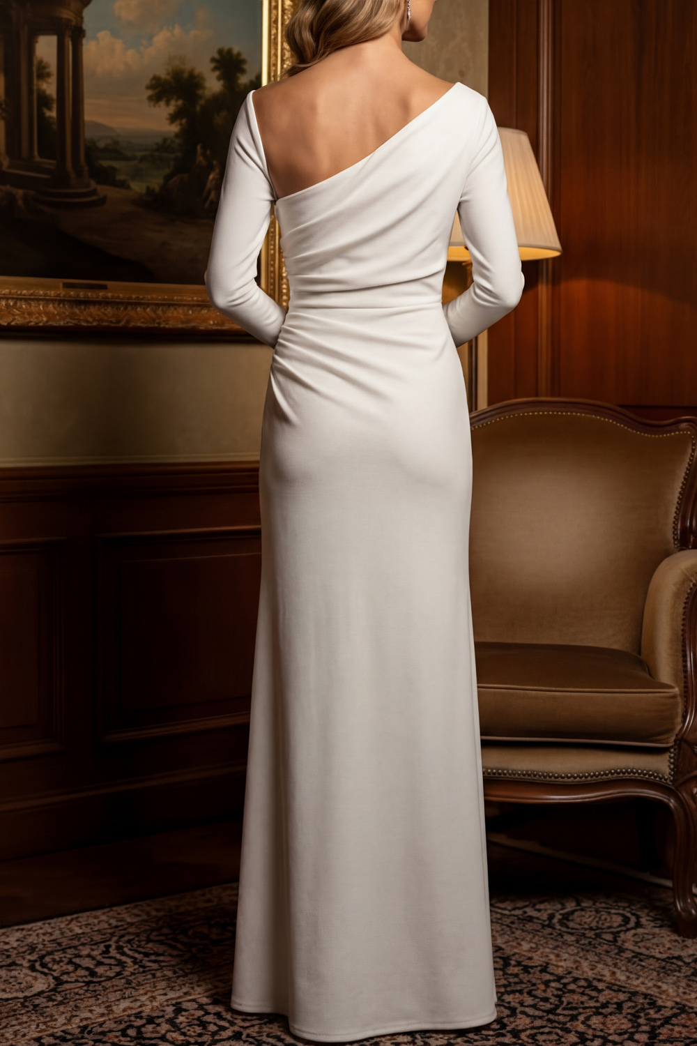 White Formal Evening Dress Asymmetrical Neck Chiffon Maxi Dress 