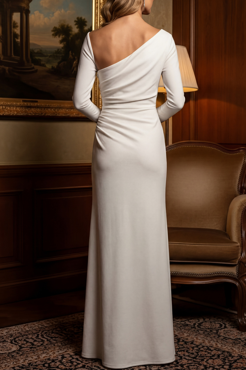 White Formal Evening Dress Asymmetrical Neck Chiffon Maxi Dress 