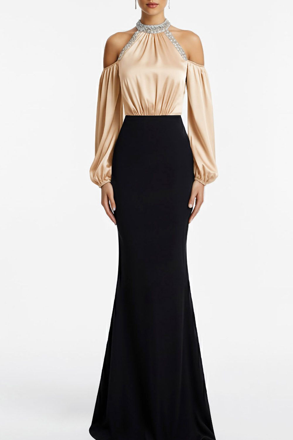 Champagne Formal Evening Dress Mermaid Cold Shoulder Satin Maxi Dress 