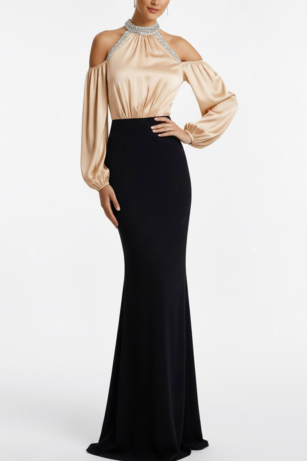 Champagne Formal Evening Dress Mermaid Cold Shoulder Satin Maxi Dress 