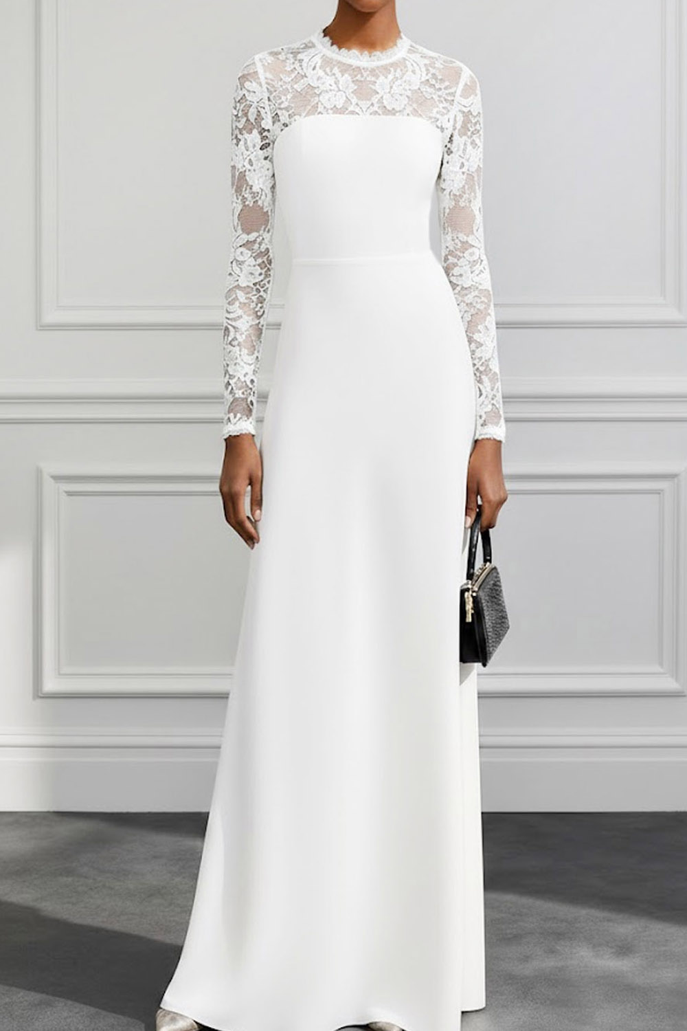 White Formal Dress Sheath Long Sleeve Chiffon Maxi Dress with Lace