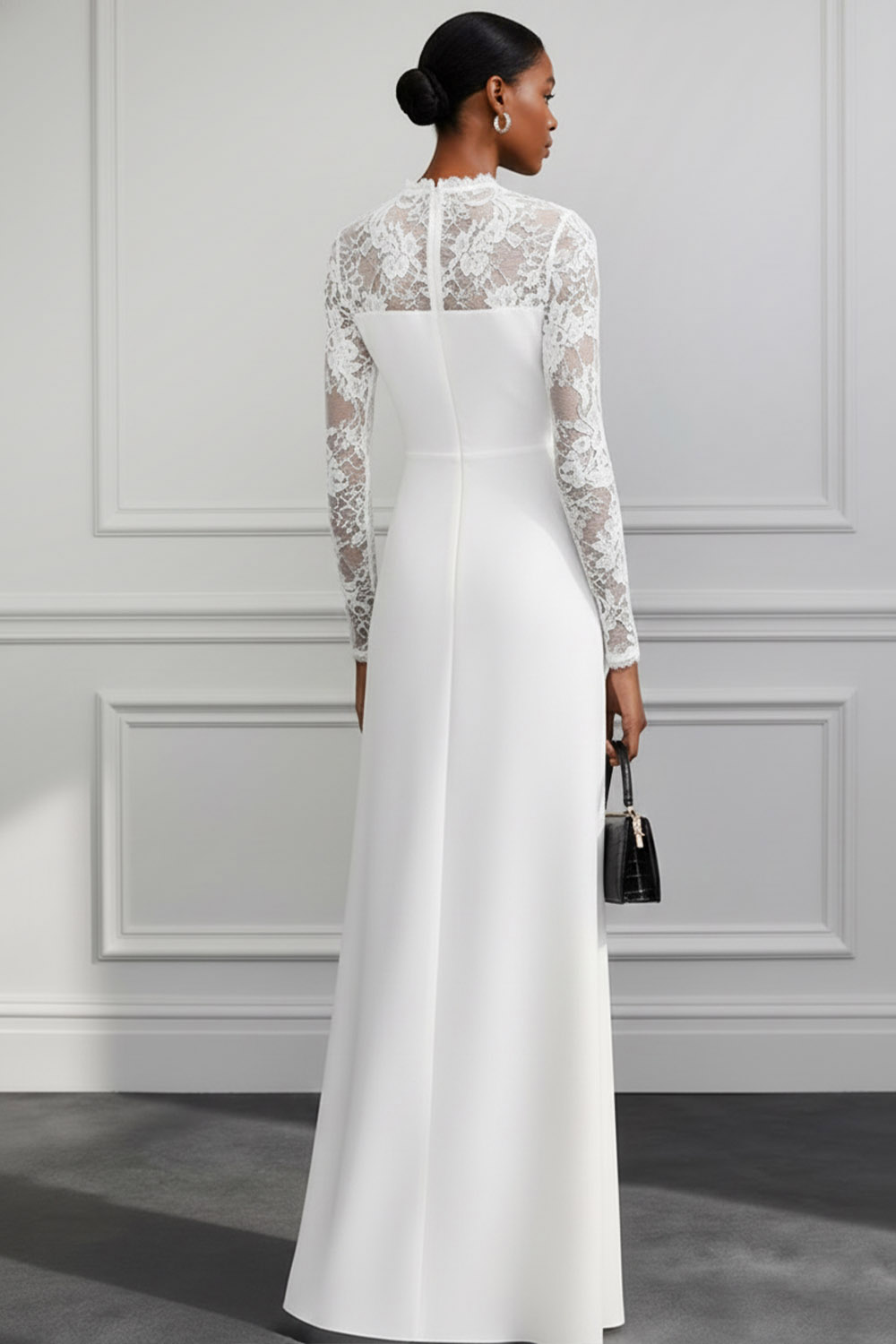 White Formal Dress Sheath Long Sleeve Chiffon Maxi Dress with Lace