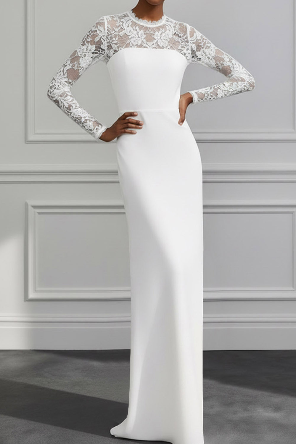 White Formal Dress Sheath Long Sleeve Chiffon Maxi Dress with Lace