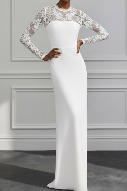 White Formal Dress Sheath Long Sleeve Chiffon Maxi Dress with Lace