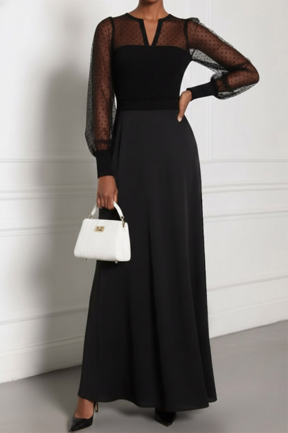Black Formal Party Dress A-Line Illusion Neck Chiffon Maxi Dress 