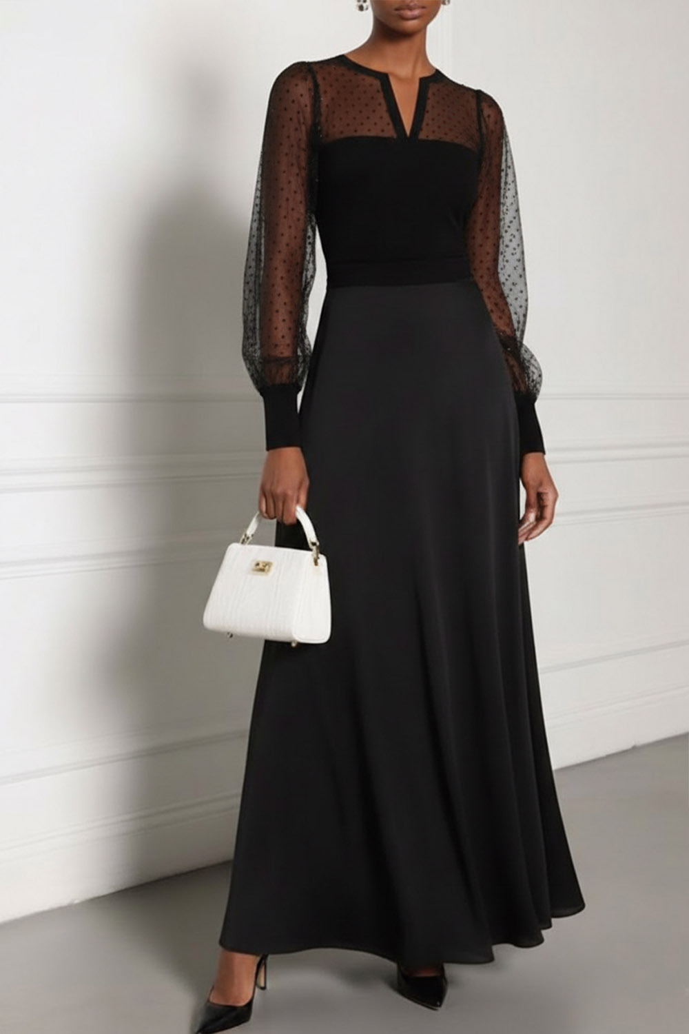 Black Formal Party Dress A-Line Illusion Neck Chiffon Maxi Dress