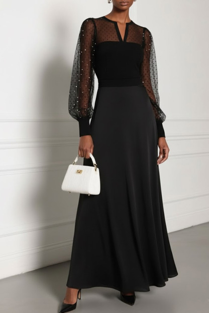 Black Formal Party Dress A-Line Illusion Neck Chiffon Maxi Dress 
