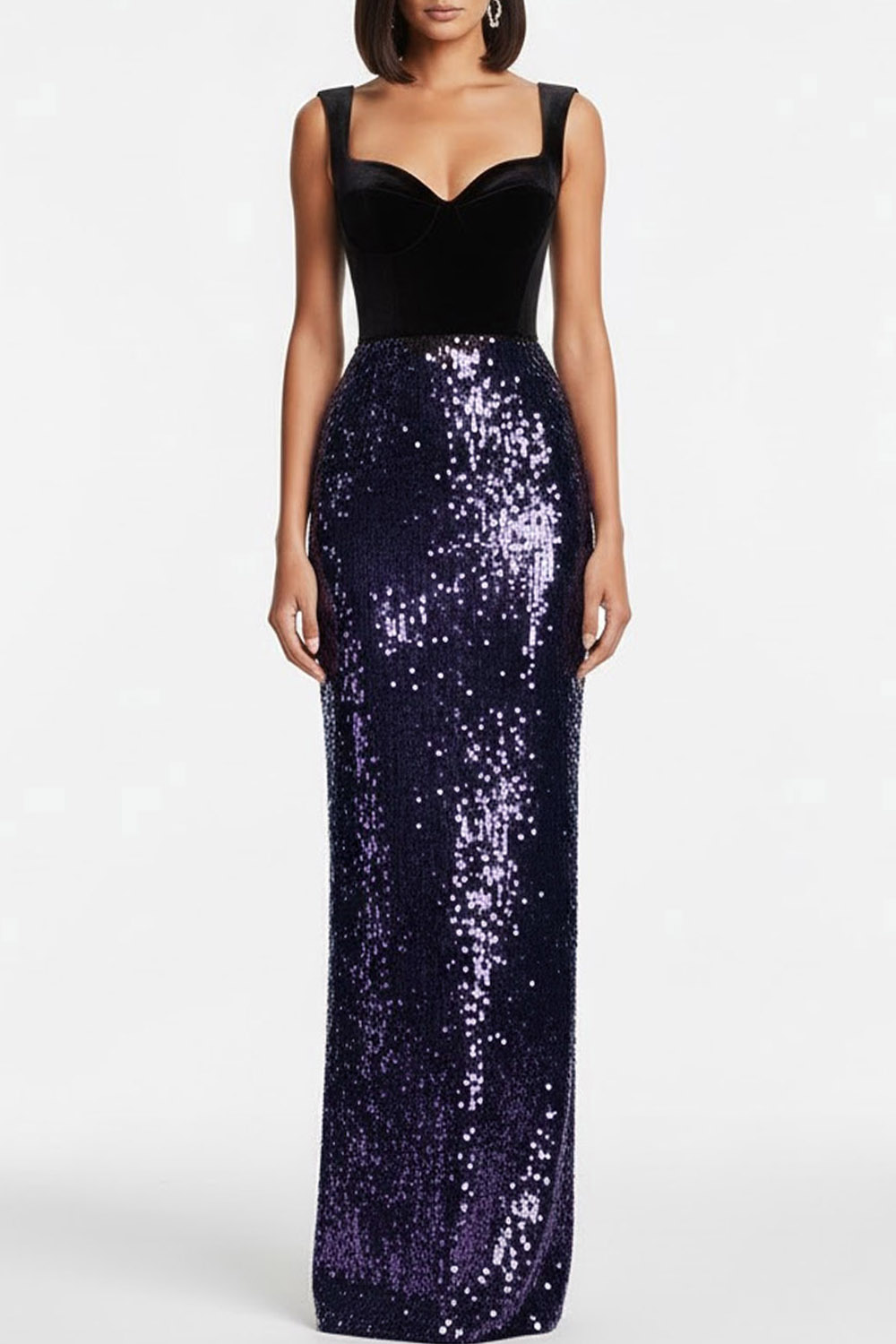 Navy Formal Party Dress Sheath Wide Straps Sequin Maxi Dress