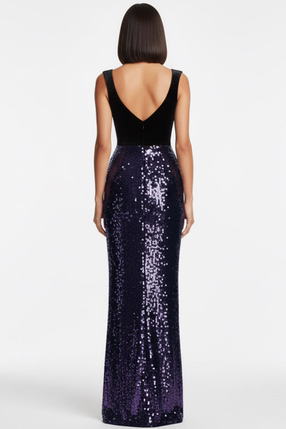 Navy Formal Party Dress Sheath Wide Straps Sequin Maxi Dress
