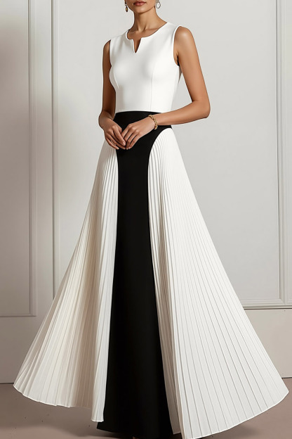 White Formal Evening Dress Notched Round Neck Pleated Maxi Dress 
