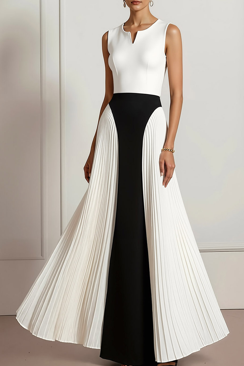 White Formal Evening Dress Notched Round Neck Pleated Maxi Dress 