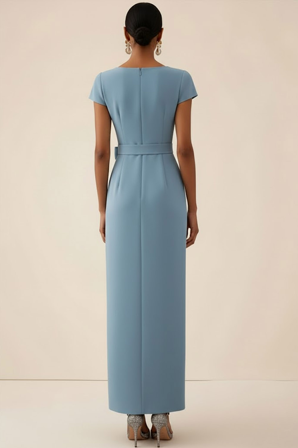 Dusty Blue Formal Dress Crew Neck Short Sleeve Maxi Dress with Slit