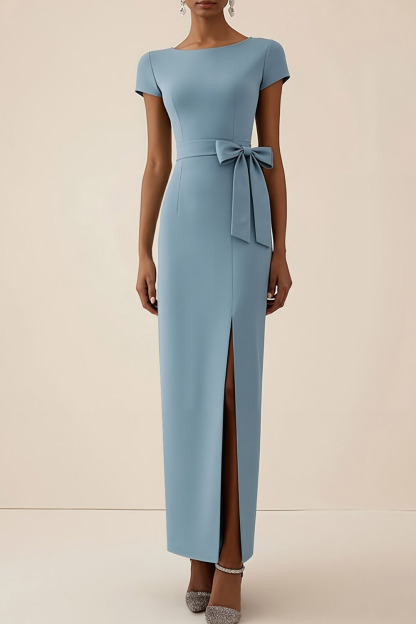 Dusty Blue Formal Dress Crew Neck Short Sleeve Maxi Dress with Slit