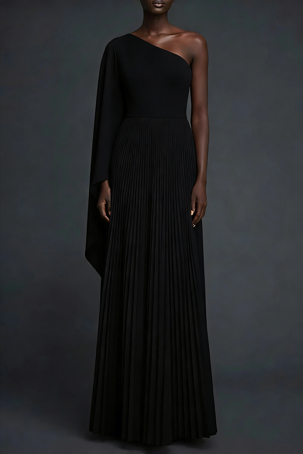 Red Formal Evening Dress One Shoulder Pleated Maxi Dress with Cape