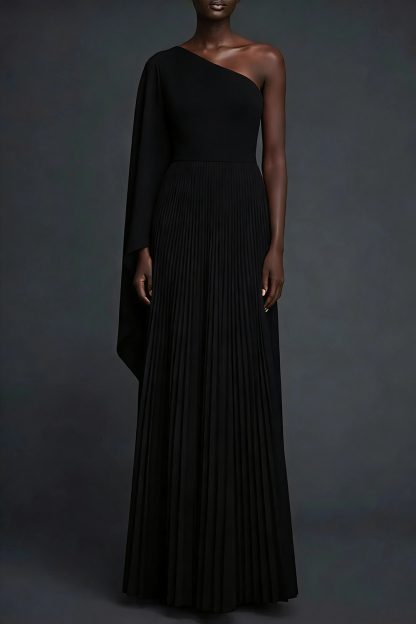 Red Formal Evening Dress One Shoulder Pleated Maxi Dress with Cape