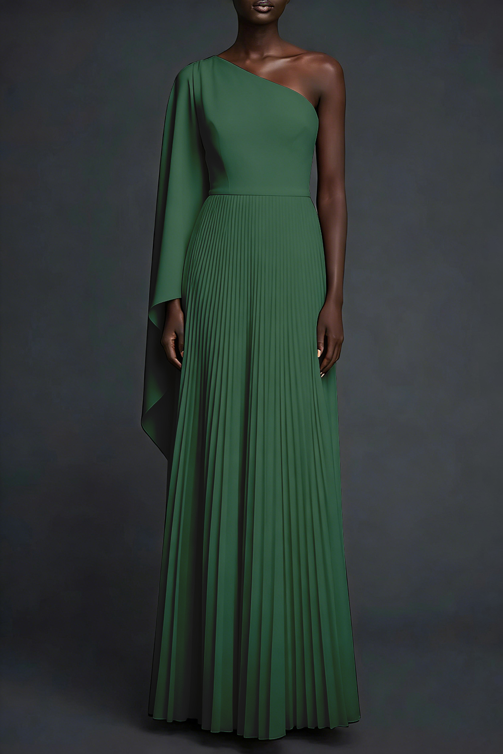 Red Formal Evening Dress One Shoulder Pleated Maxi Dress with Cape