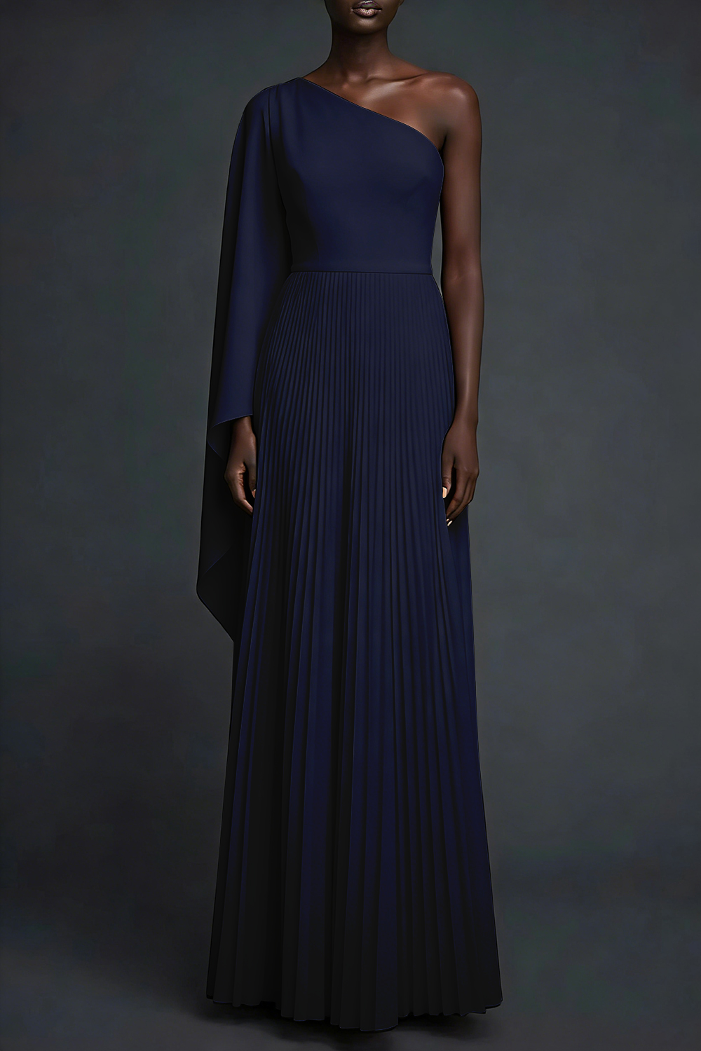 Red Formal Evening Dress One Shoulder Pleated Maxi Dress with Cape