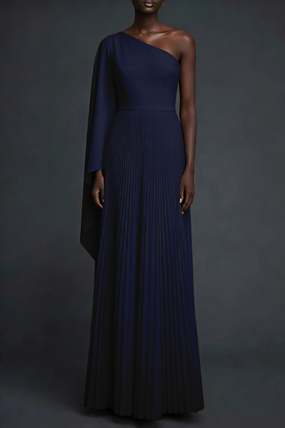 Red Formal Evening Dress One Shoulder Pleated Maxi Dress with Cape