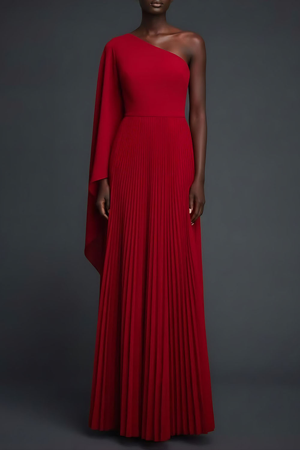 Red Formal Evening Dress One Shoulder Pleated Maxi Dress with Cape