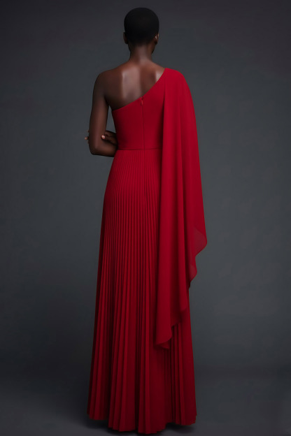 Red Formal Evening Dress One Shoulder Pleated Maxi Dress with Cape