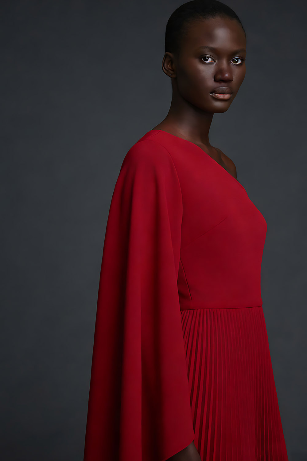 Red Formal Evening Dress One Shoulder Pleated Maxi Dress with Cape