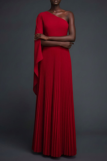 Red Formal Evening Dress One Shoulder Pleated Maxi Dress with Cape