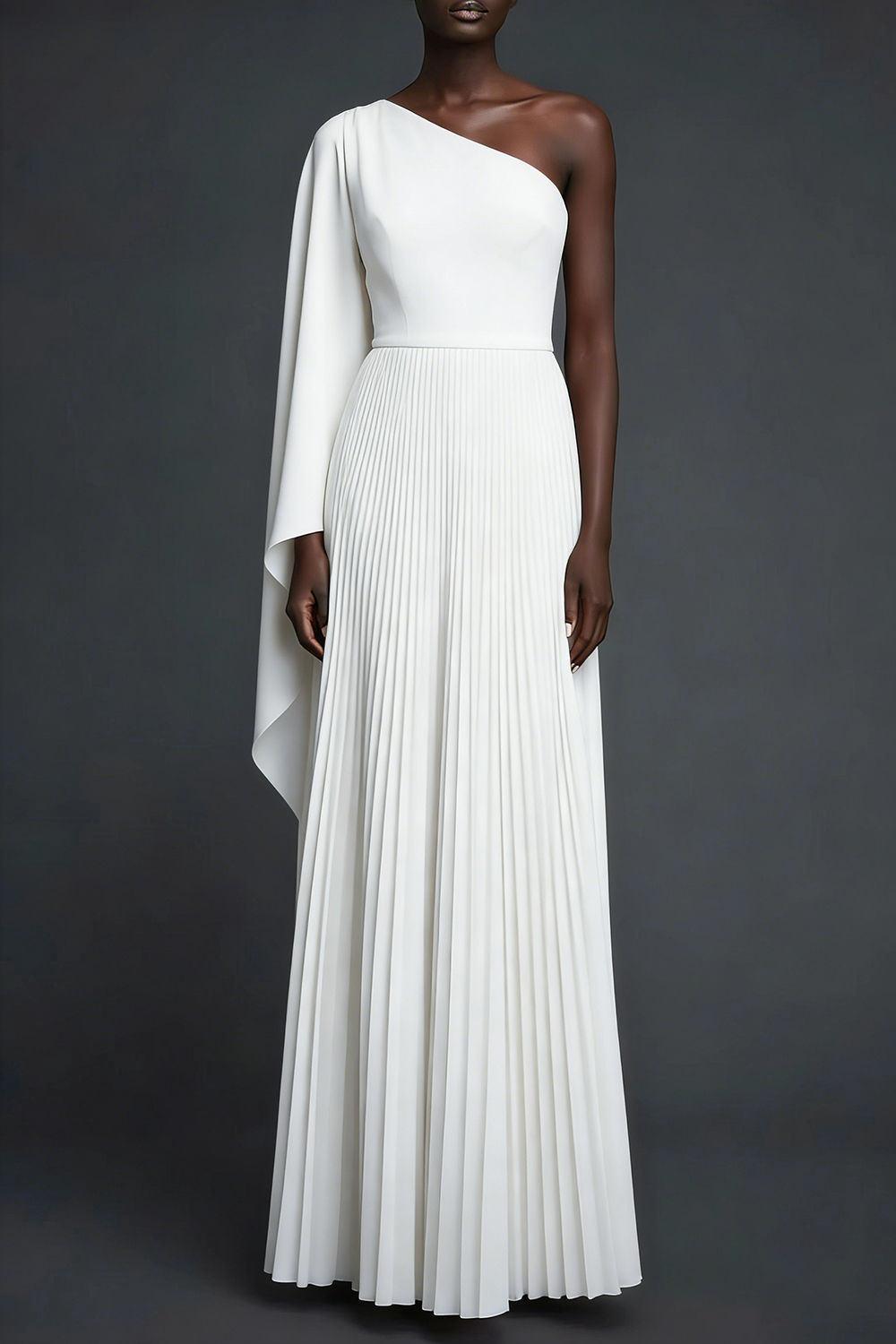 Red Formal Evening Dress One Shoulder Pleated Maxi Dress with Cape