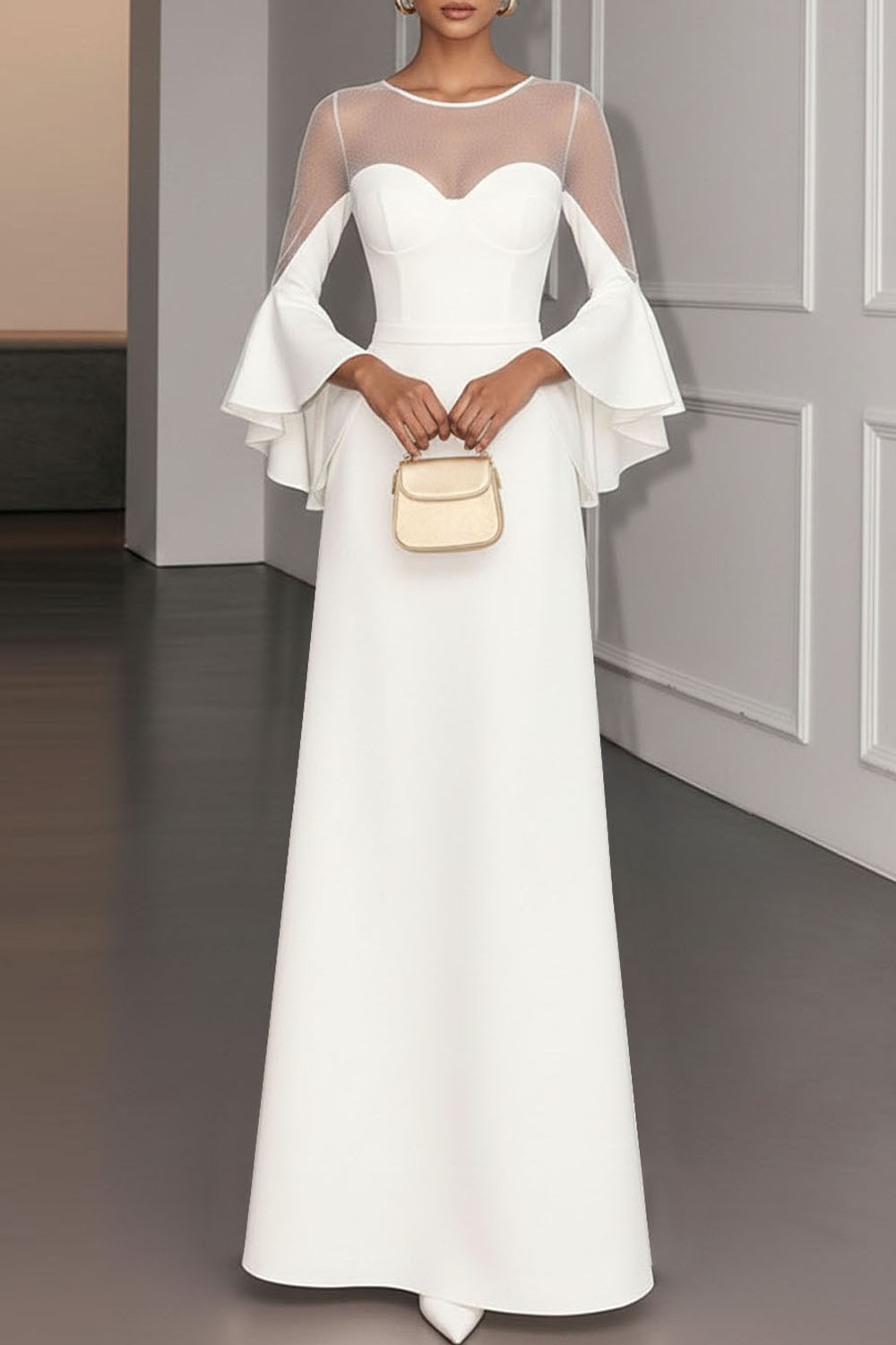 White Formal Evening Dress A-Line Illusion Neck Chiffon Maxi Dress 