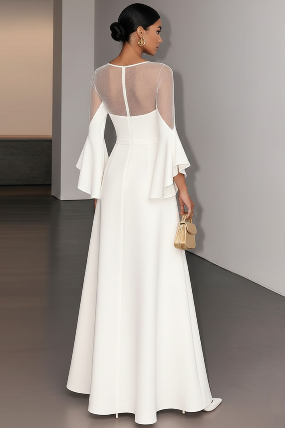 White Formal Evening Dress A-Line Illusion Neck Chiffon Maxi Dress 